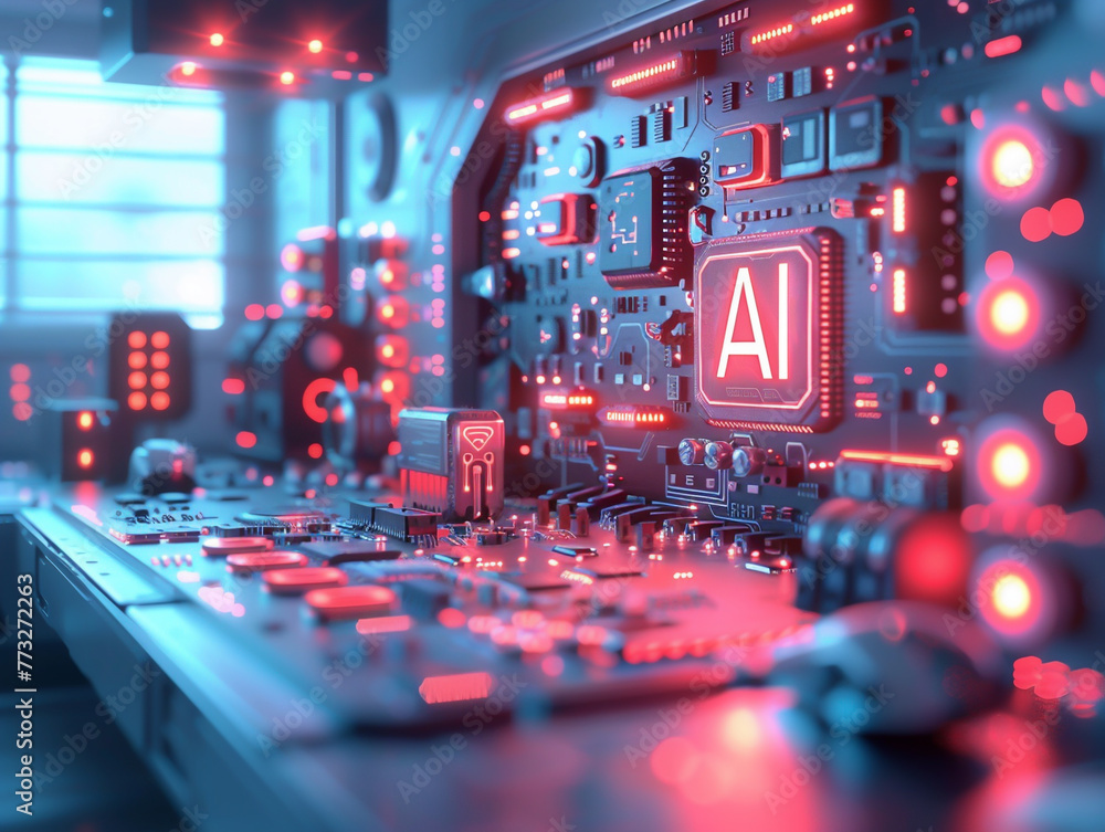 Poster a computer chip with the letters ai on it. the chip is blue and orange. the image is of a keyboard