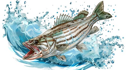 A striped bass fish being caught in the style of an angler with a white background - obrazy, fototapety, plakaty