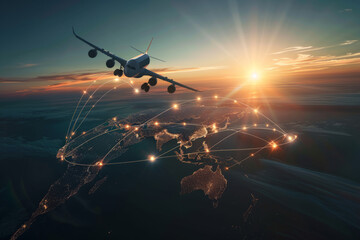 A graphic representing airplane flight paths across the globe, symbolizing international travel, trade, and logistics - obrazy, fototapety, plakaty