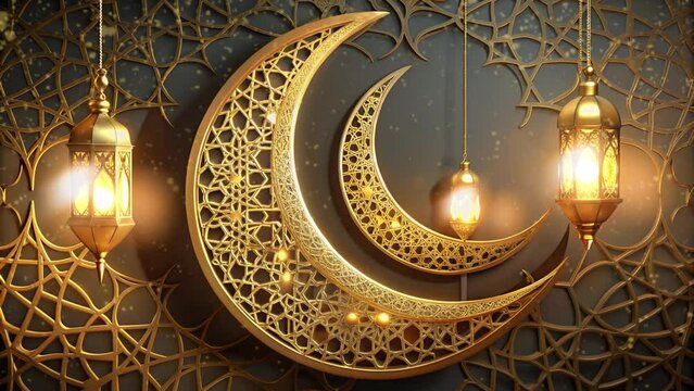 ramadan eid mubarak simple minimalist background. shinny crescent moon and hanging lantern