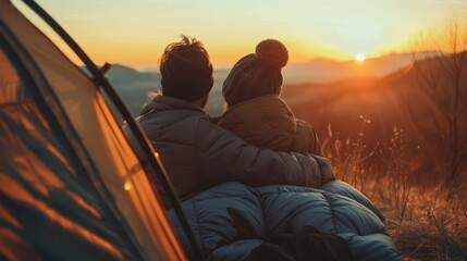 A couple snuggled together in a sleeping bag, watching the sunrise from their tent.