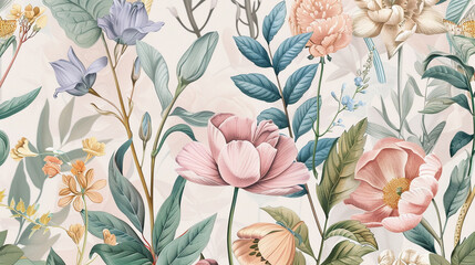 Nature-inspired botanicals in soft pastel hues, showcasing a blend of intricate flower and leaf designs. - obrazy, fototapety, plakaty