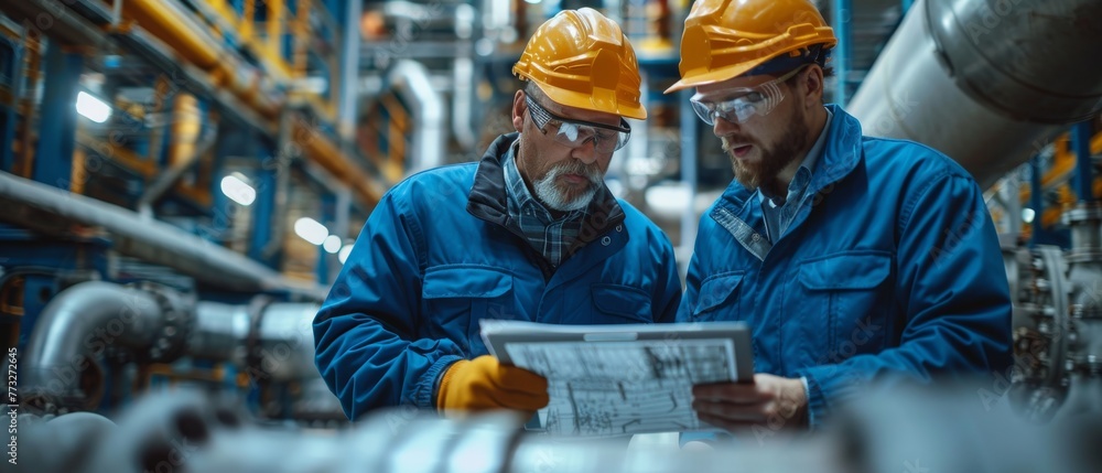Aufkleber Engineers discuss blueprints in a factory while checking information on tablets.
