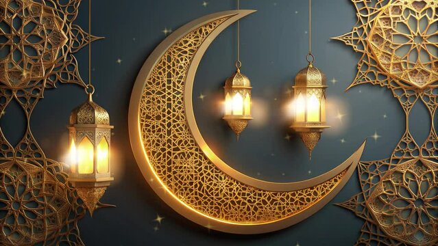 crescent moon and 3 gold lantern lights and twinkling stars