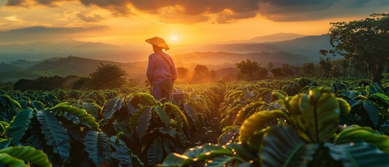 A farmer working on his coffee field during a sunset - obrazy, fototapety, plakaty