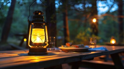 A close-up of a campsite lantern casting a warm glow over a picnic table set for dinner. 