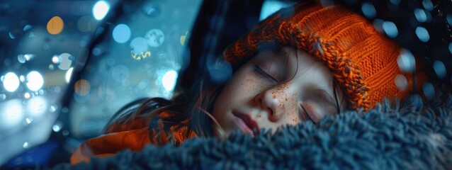 A relaxed female child in the passenger seat of a car, her face blurred, as raindrops speckle the window against a backdrop of glowing city lights.