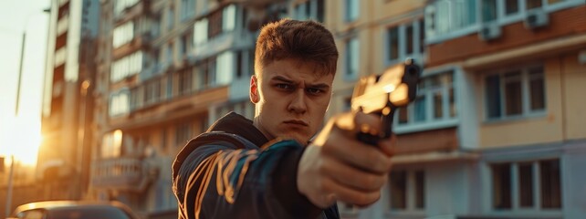 Fototapeta premium A tense scene showcasing a young man in a casual jacket aiming a handgun or pistol.