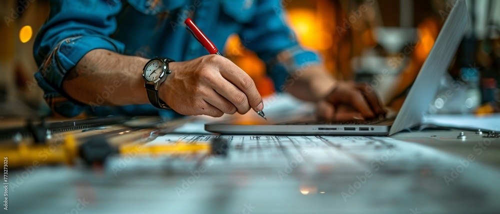 Aufkleber A young engineer holds a red pen to point out a building on a blueprint and uses a laptop to write a presentation for a working meeting.