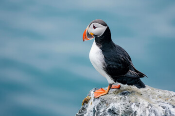 A lone Atlantic puffin bird perched on a rock above the ocean