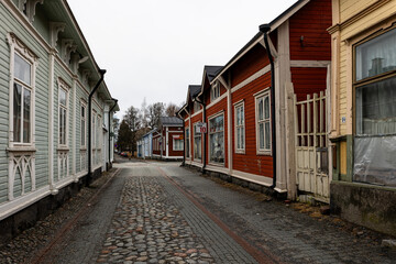 Fototapeta na wymiar Rauma, Finland - main street of old town wooden buildings district.