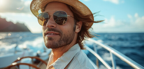 An elegant businessman on a yacht deck, his hair flying in the wind, sporting sunglasses and a...