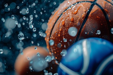 basketball ball in water drops. close-up. banner. free place