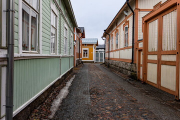 Fototapeta na wymiar Rauma, Finland - main street of old town wooden buildings district.