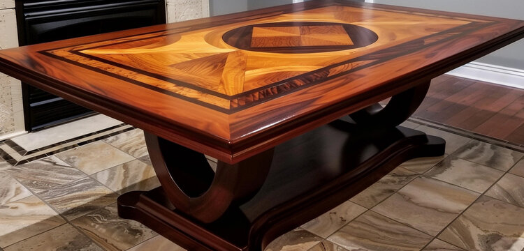 Dark cherry inlay dining table, elegant pedestal base.