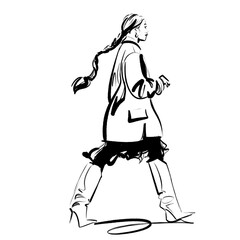 Asian woman, seen frrom side, walking dressed fashionably in a coat, dress and knee boots. She has a long braided ponytail. Fashion illustration.