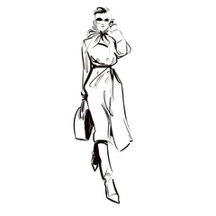 Young woman is walking towards the viewer dressed in a trench coat, headscarf, sunglasses and boots, she carries a designer handbag, runway, retro glamour, full body shot, fashion illustration