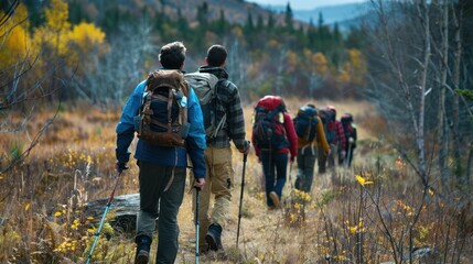 A group of friends hiking through the wilderness, with backpacks and trekking poles in hand. 