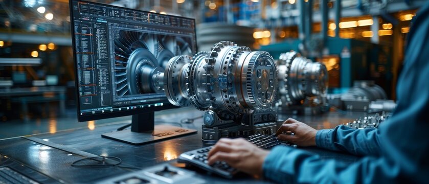 This is a close-up sequence of an industrial engineer using CAD software to design a turbine or engine inside the heavy industry factory.
