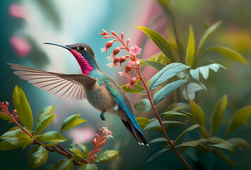 beautiful  hummingbird flying under  flowers against beautiful jungle background. close up. Digital artwork. Ai generated