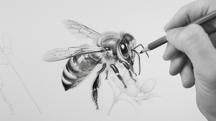 Capturing Nature's Buzz: Drawing a Bee with an Art Pencil. Generative AI - obrazy, fototapety, plakaty