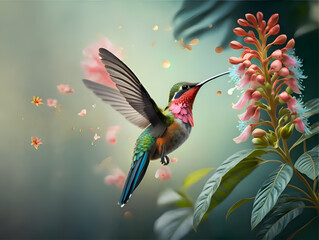 beautiful colorful hummingbird flying under peach-pink  flowers. close up. Digital artwork. Ai generated