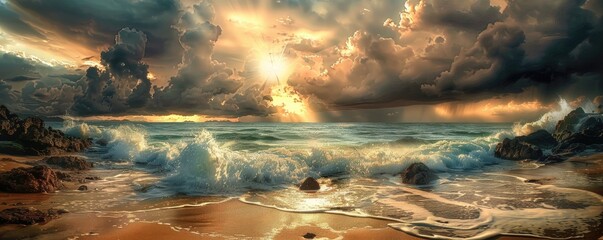 waves crashing on rocky shores under a dramatic sunset sky with penetrating sun rays and dynamic cloud - obrazy, fototapety, plakaty
