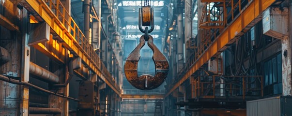 industrial crane hook with blurry factory background, symbolizing construction and manufacturing