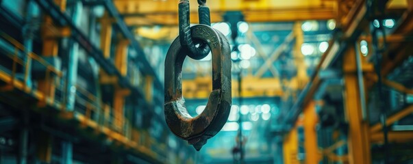 industrial crane hook with blurry factory background, symbolizing construction and manufacturing