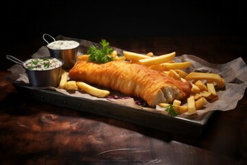 Exquisite fish and chips on a metal tray against a sandstone background