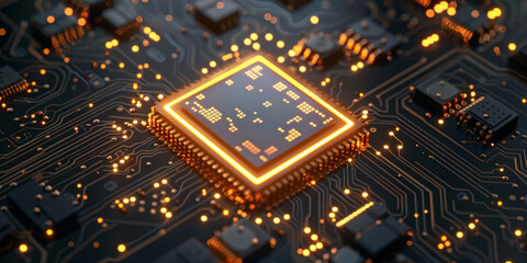 Abstract gold glowing prosesor circuit board background. Perfect for Artificial Intelligence, Technology, Crypto Currency concept