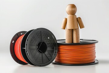 3D printing filament reels with wooden anthropomorphic doll on white background. 3D filament reels on white background