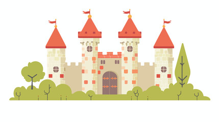 Knights castle with tower wall and gate. red roof of