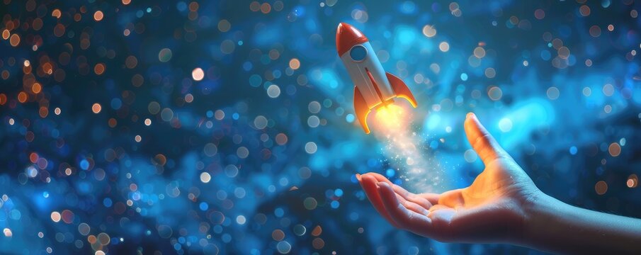 toy rocket being launched from a hand against a starry and nebulous space background