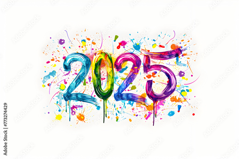 Aufkleber the year is 2025 and it is colorful. the year is written in a creative way with different colors and