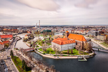 Aerial drone view of Wyspa Piasek (Sand Island) in the Odra river, Wroclaw, Poland