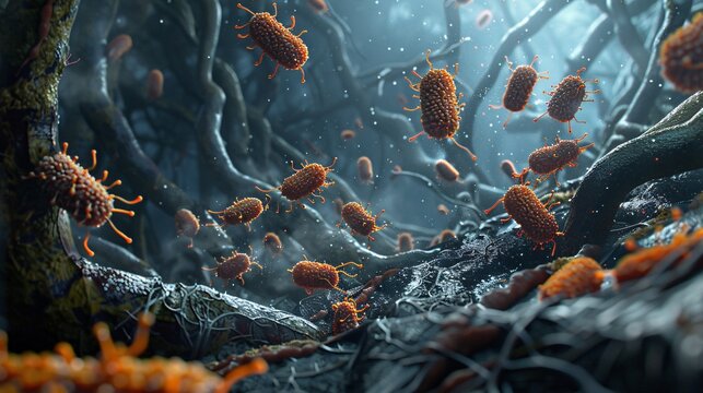 Tissue being devoured by bacteria depicted as a grim ballet of natures decomposers at work