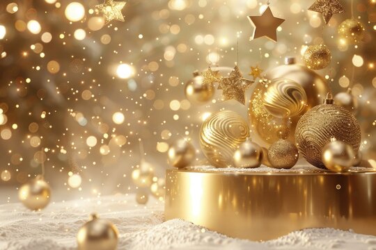 3d render of golden podium and flying gold Christmas balls and stars on a golden bokeh background with snow for your Xmas project