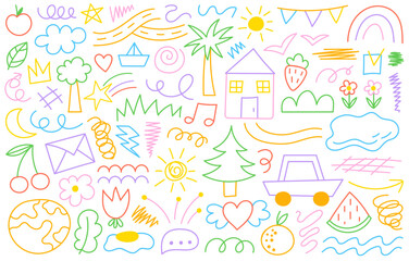 Simple kids decorative elements. Colorful collection of scribble, flower, sun, cloud. Vector illustration