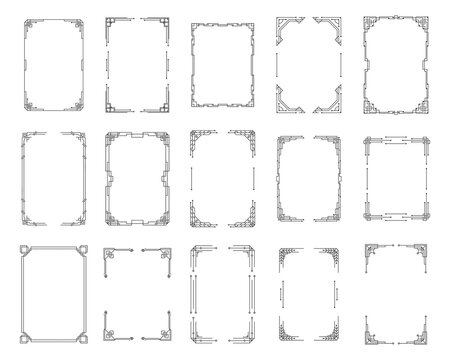 Set of Art deco black calligraphy page dividers. Patterns, ornaments in art deco style. 1920s vintage gold dividers, retro header graphic elements, flourishes vignettes decoration for design. Vector.