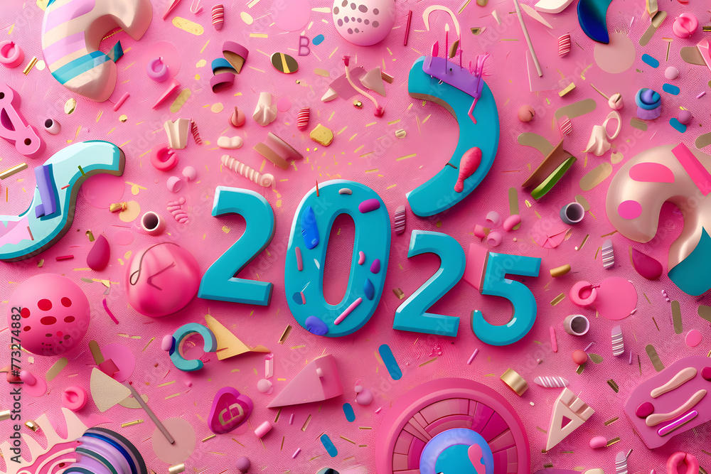 Aufkleber colorful background it has the pink year number 2025 written in blue. the background is full of shap
