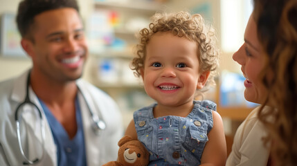 An adorable child beams with joy between his smiling parents, one a doctor, symbolizing trust and love in healthcare. Child comes to see the doctor. Receive the vaccine according to appointment.