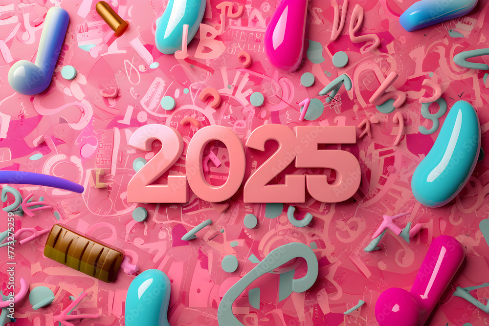 Poster colorful background it has the pink year number 2025 written in blue. the background is full of shap
