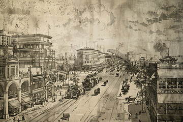 Old engraving with fine lines portraying a vintage scene, filled with historical details that stir a sense of nostalgia.