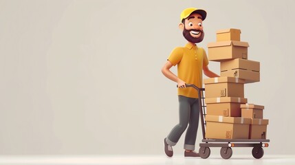 Delivery man with a smile, pushing a cart of boxes, soft lighting, white backdrop, illustration - obrazy, fototapety, plakaty
