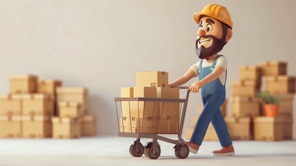 Delivery man with a smile, pushing a cart of boxes, soft lighting, white backdrop, illustration