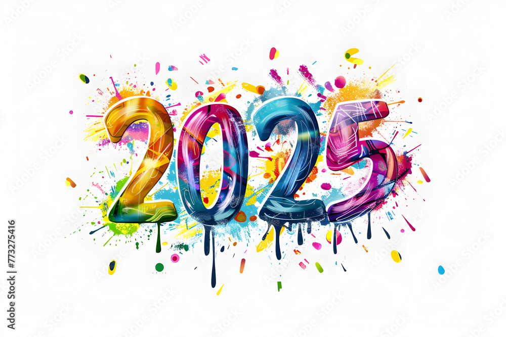 Poster the year is 2025 and it is colorful. the year is written in a creative way with different colors and