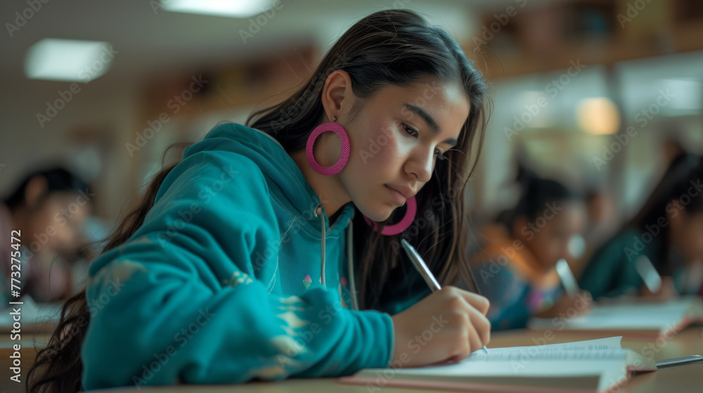 Poster student is writing an exam in a classroom setting.