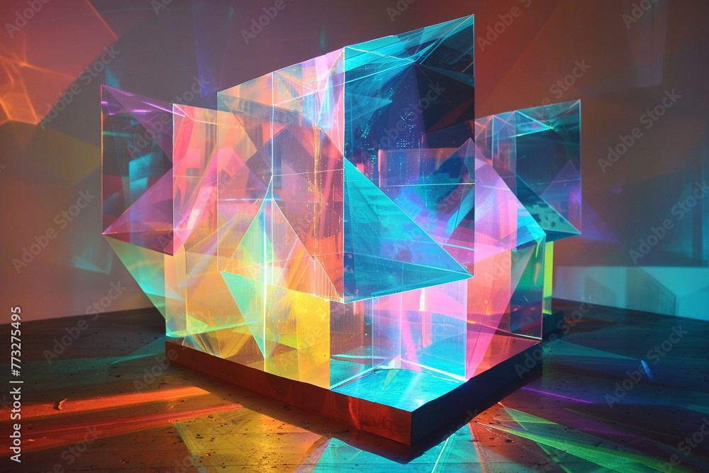 Poster pastel-colored holographic shapes in 3d, creating a light-filled spectacle that blurs the lines betw