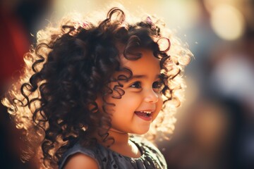 Fototapeta premium Cheerful little girl portrait exuding joy and happiness basking in the warm sunlight
